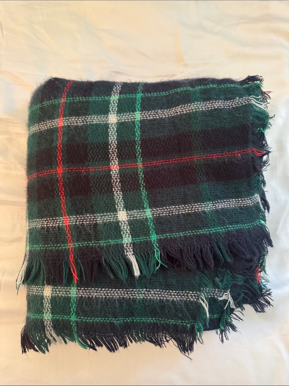 Old Navy Green Black Plaid Fringe Scarf with Red and White Accents